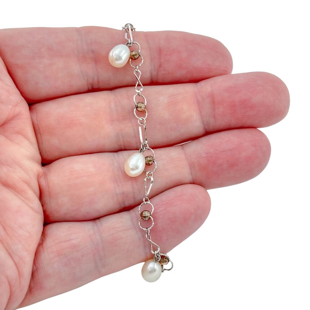 Vintage Sterling Silver 925 Pearl Charm Bracelet 6.5"-7.5"